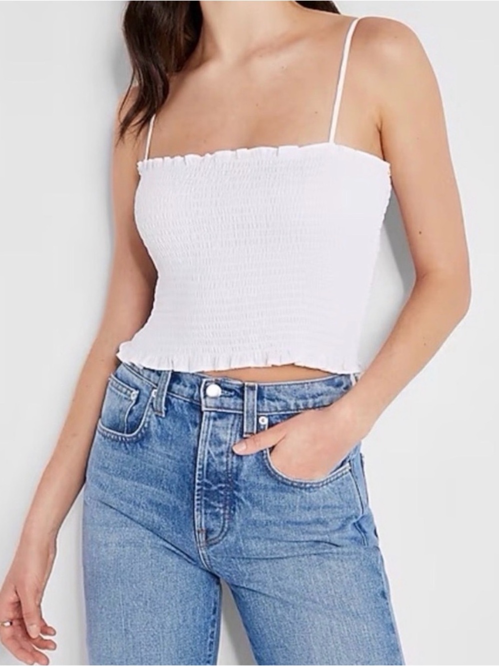 NWT Express White Smocked Crop Top Small Square Neck Ruffle Cami Y2K Summer